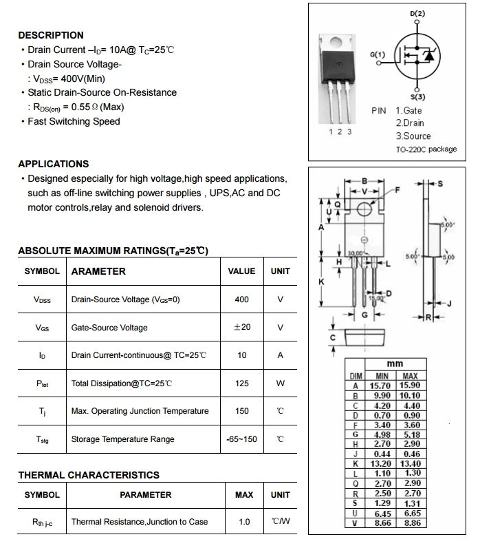 Irf740 Isc N-channel Mosfet Transistor D882 Transistor Equivalent - Buy ...