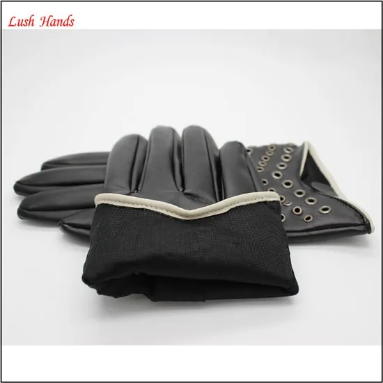2017 women short style black driving PU leather gloves with rivet air hole