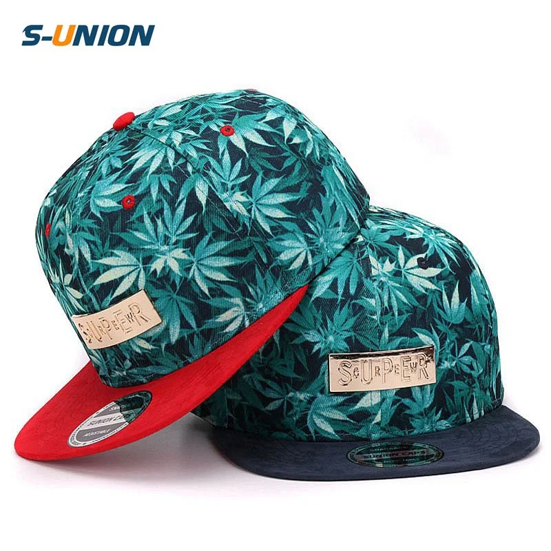 Quality Snapback Cap Weeds Leaves Printed Flat Baseball Cap With