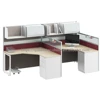 QS-OW04 Cluster of 4 cubicle L shape 2 seater office workstation laminate modular glass screens with hanging overhead cabinet