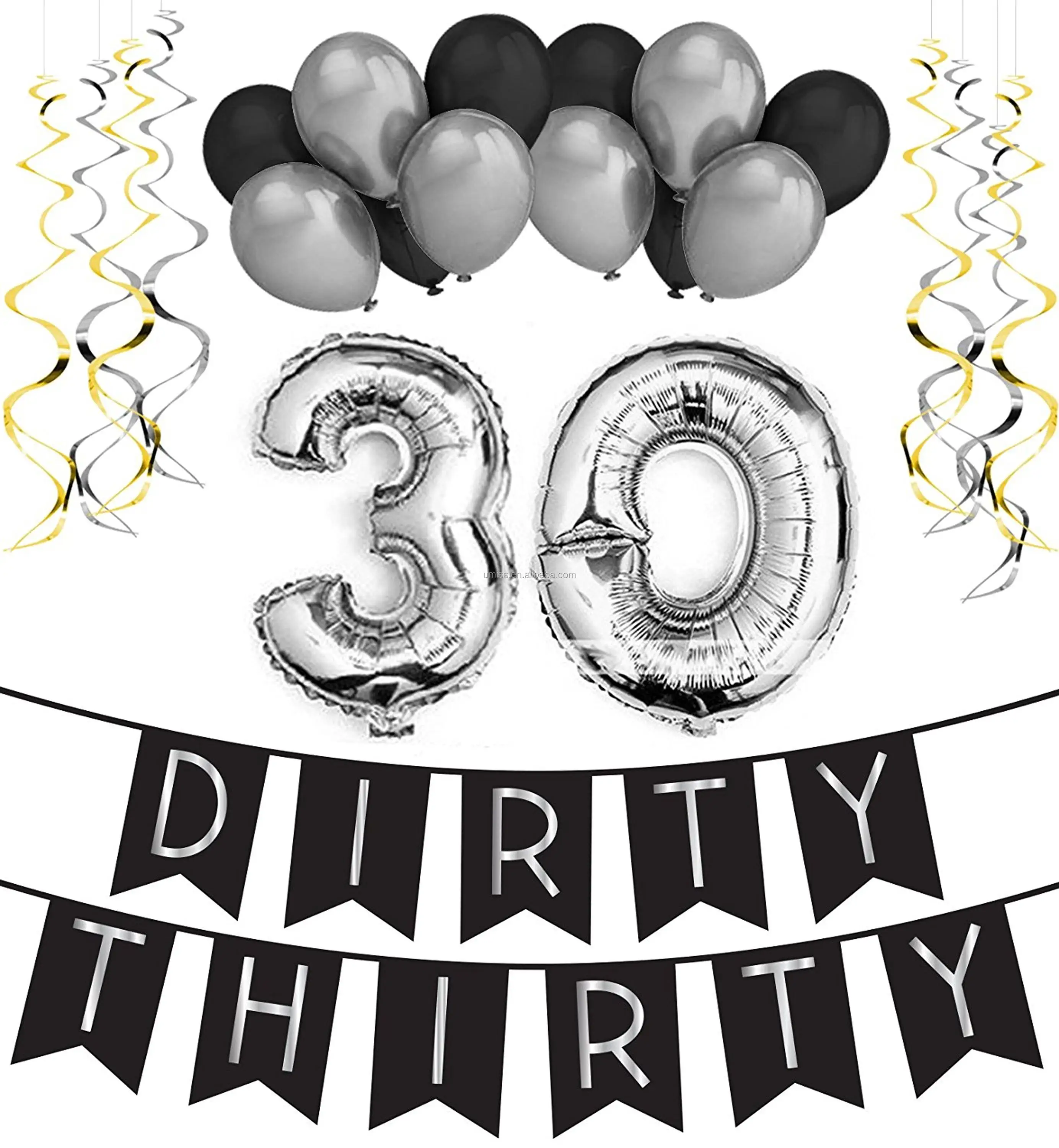 Umiss 23pcs 30th Birthday Party Supplier Black Silver Dirty