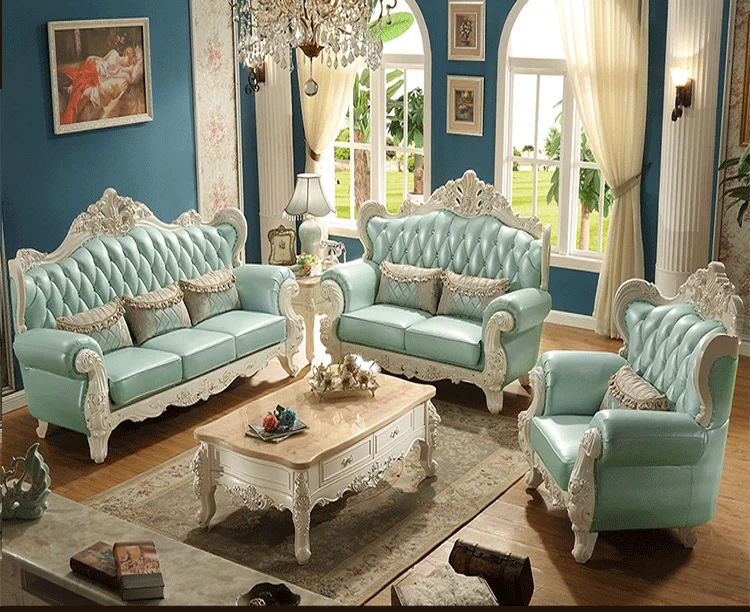 Light Green Luxury Genuine Leather Solid Wood Sofa Set For Living Room
