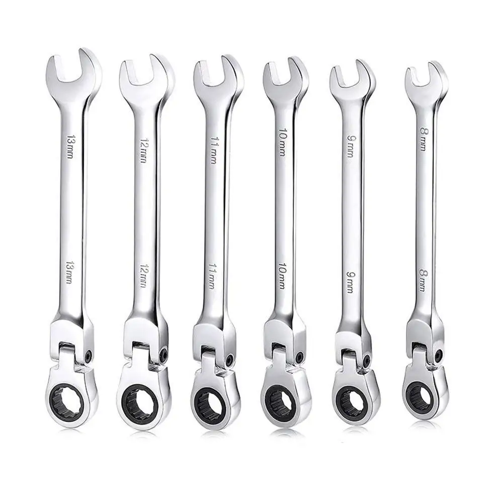 6Pcs Ratcheting Combination Wrench Set Flexible Head Metric Ratchet Spanner Tool Sets Pivoting Head Ratchet Combination Spanner Wrench DIY Handle Spanners Hand Garage Metric Tools 8/9/10/11/12/13mm