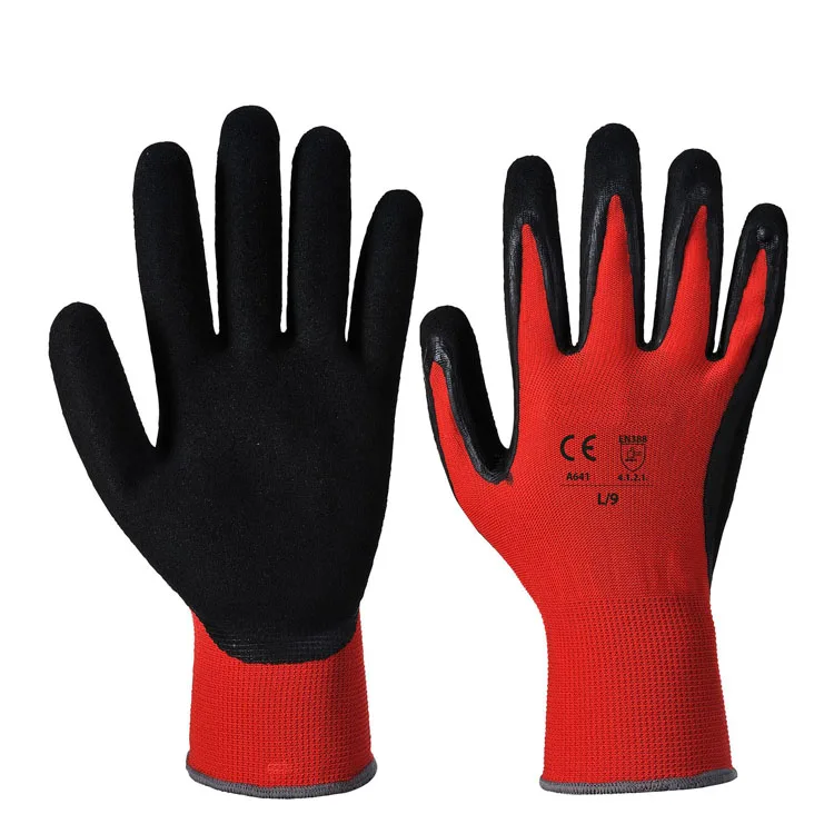 Zmsafety Red Nylon Liner Black Coated Sandy Nitrile Good Grip Work