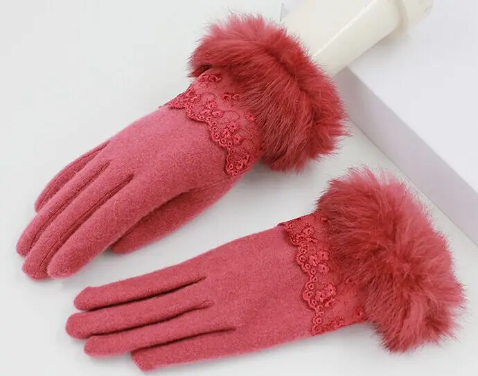 ladies Winter thin woolen gloves rabbit fur lace pattern warm gloves