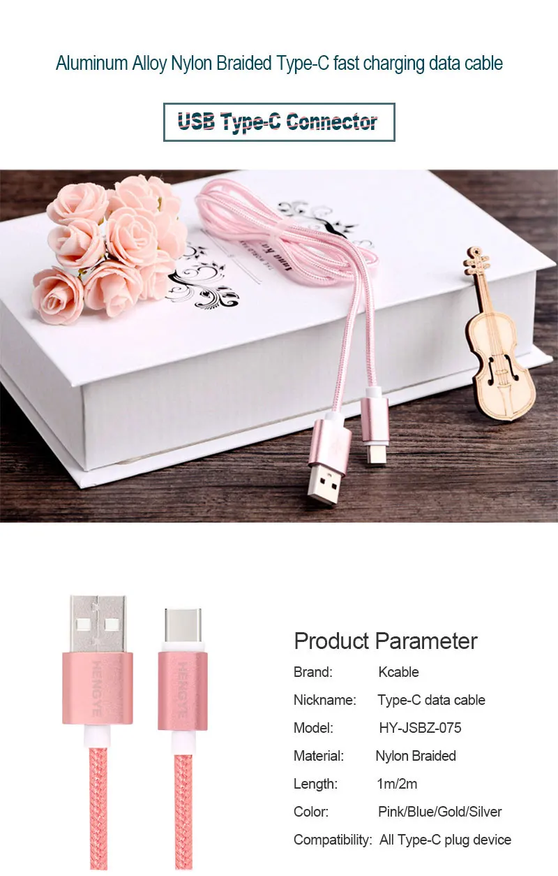 Hengye 1M 3FT Nylon Braided Cord 2A Metal Charger Data Sync Charging Usb Type C Cable 3.0