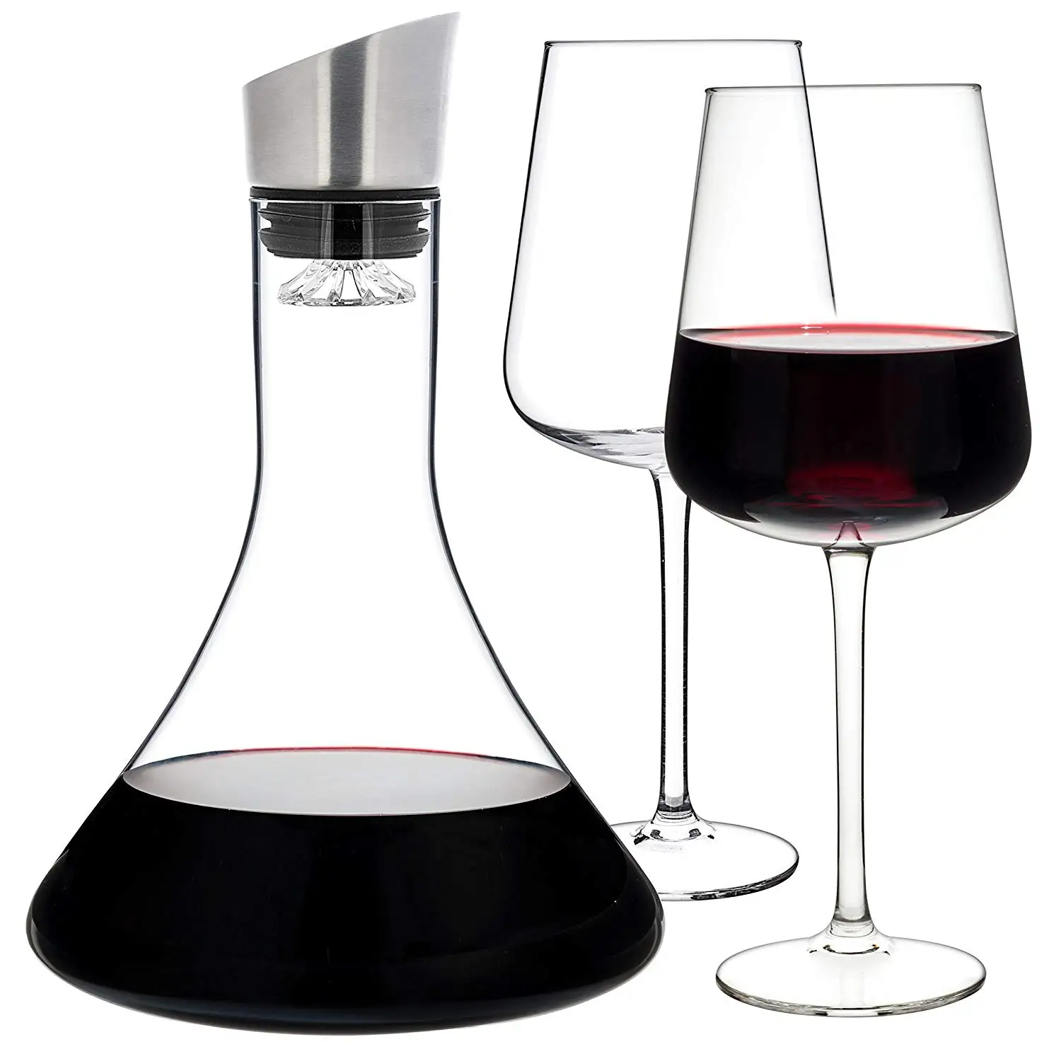Luxbe - Wine Decanter 54-ounce and Aerator Pourer Lid - With Two Crystal Glasses Set - Hand Blown Lead-free Crystal Glass, Red Wine Carafe - Descanter with Stainless Steel Lid-Aerator, Filter, Pourer
