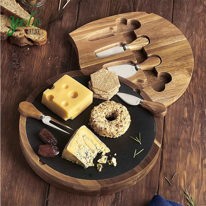 Acacia Wooden Mini Black Slate Round Custom Cheese Cutting