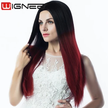 Ombre Burgundy Color Long Silky Straight Synthetic Hair Wig Heat