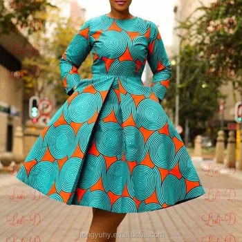 African Traditional Long Sleeve Dresses Wax Batik Print Flare Hem ...