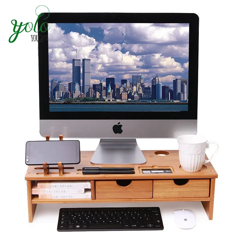 Bambo Computer Monitor Stand Riser Storage Organizer With Drawers Bambo Computer Monitor Stand Riser Storage Organizer With Drawers For Home And Office