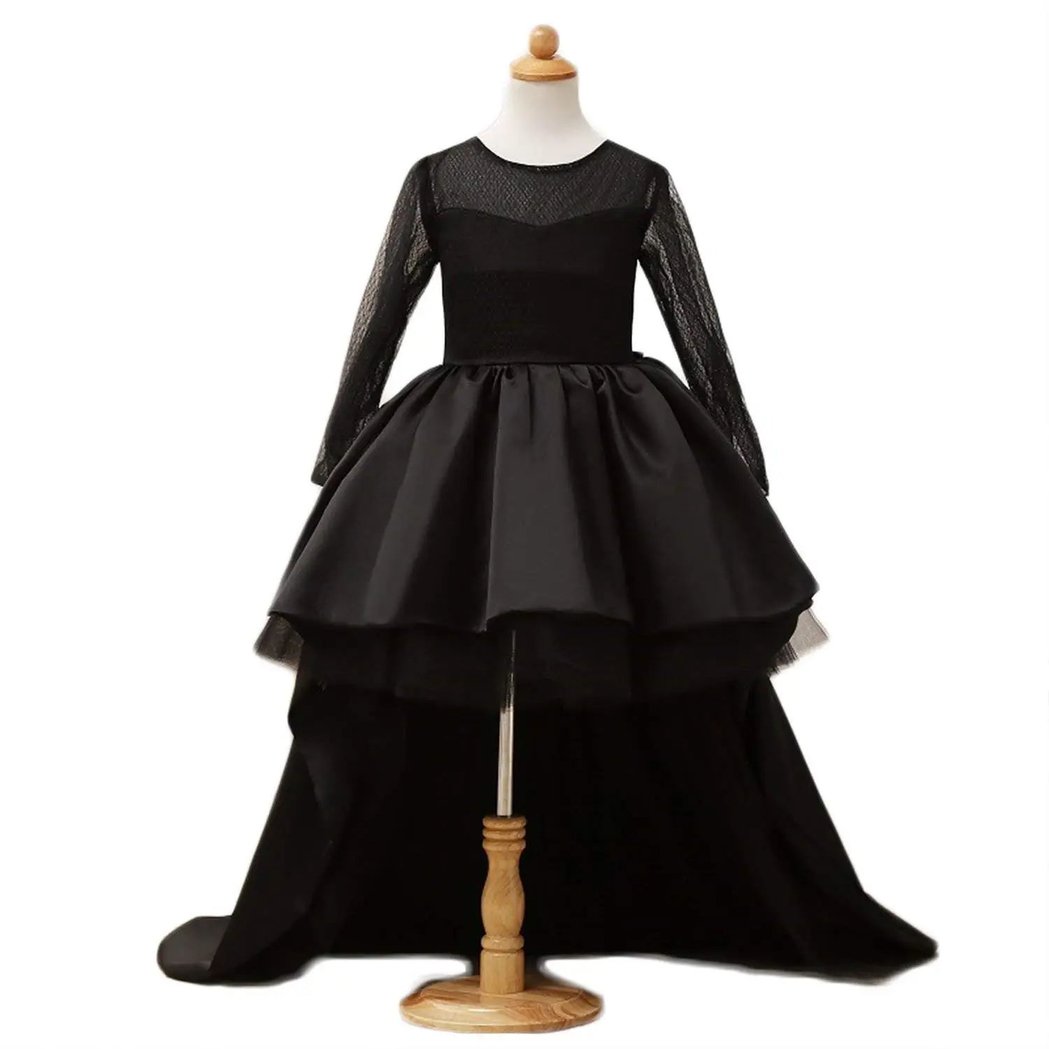 Vicokity Black Flower Girl Dresses With Back Bow High-Low Long Sleeve Kid's Dress For Weeding Gowns