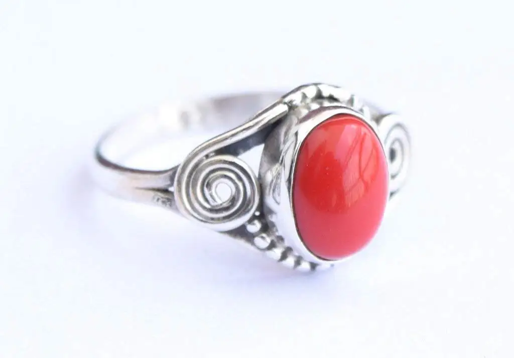 Mediterranean Coral Womens Ring Red Coral Ring Red ring Red Bead Ring Handmade Ring Bezel ring 925 Silver Ring Simple Ring Silver