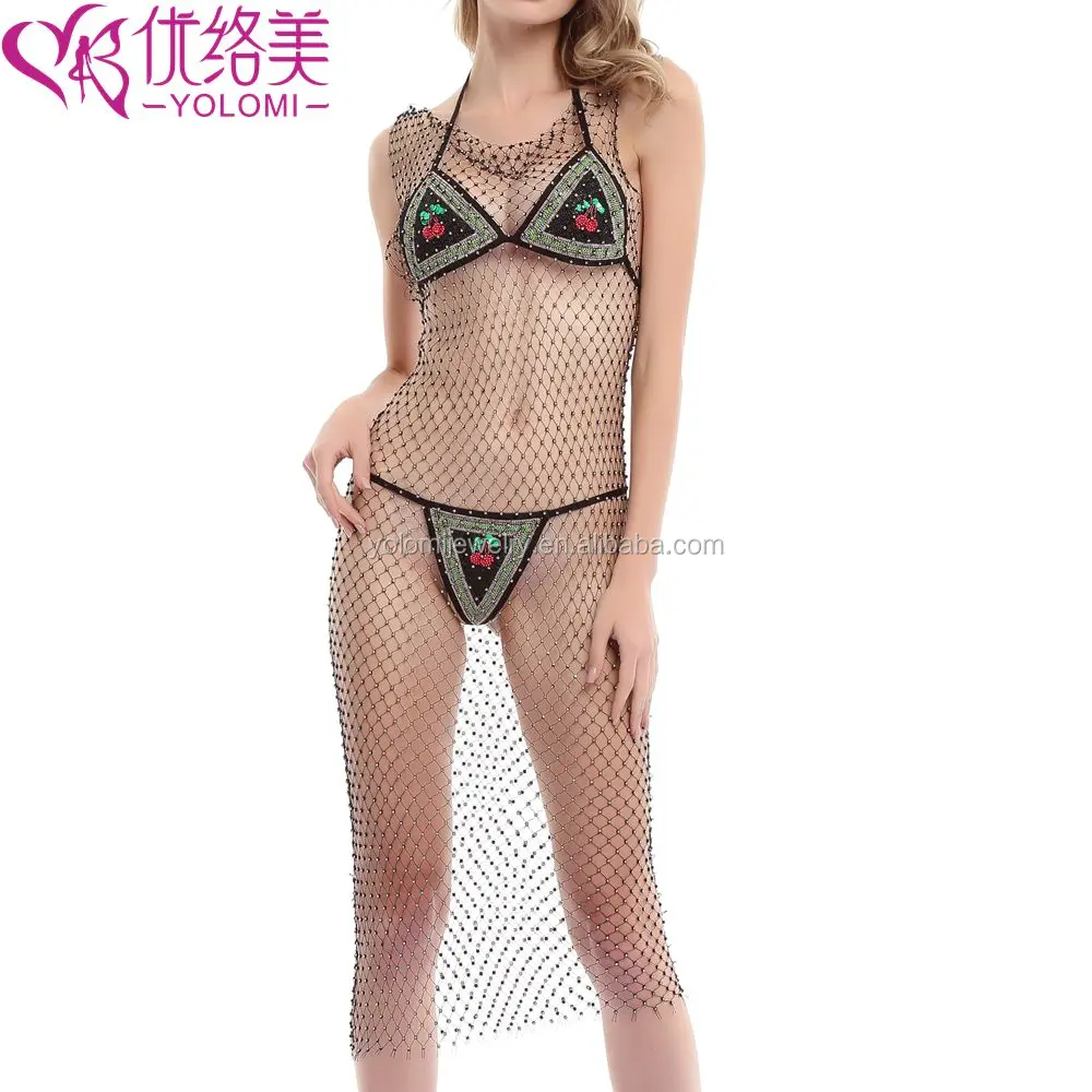 Sexy Club Dress Hollow Mesh Dress With Rhinestone Party Dress Cotton Party Showgirl Costume MT07