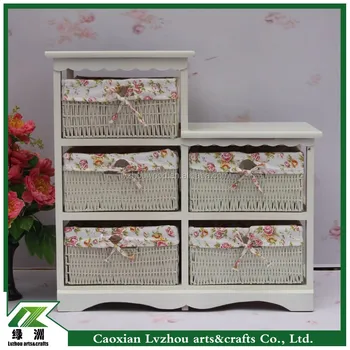 White Solid Wood Cabinet Have Baskets For Storage Toys In Corner