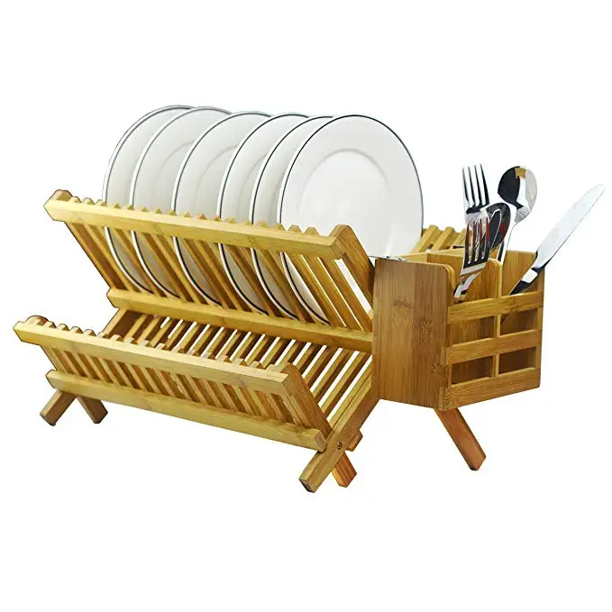 Dish Rack,Bamboo Folding 2-Tier Collapsible Drainer Dish Drying Rack With  Utensils Flatware Holder Set (Dish Rack With Utensil Holder)