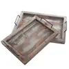 Set of 2 Country Rustic Whitewashed Brown Wood Finish Rectangular Nesting Serving Trays With Metal Handles