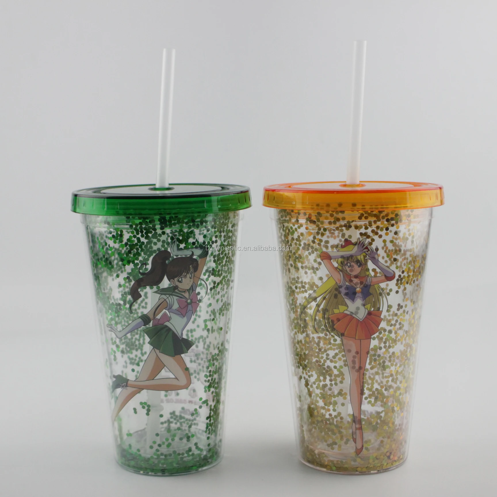 Double Wall Glitter Straw 16oz Plastic Glitter Drinking Tumbler Plastic