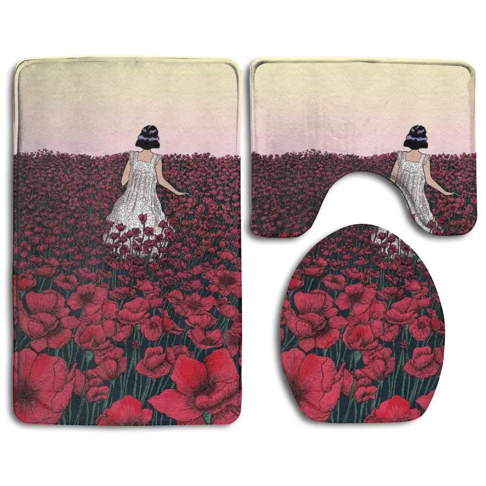 XTingIy Rose Girl Art Family Flannel Non-Slip Bathroom Rug Mats Set 3 Piece Anti-Mites