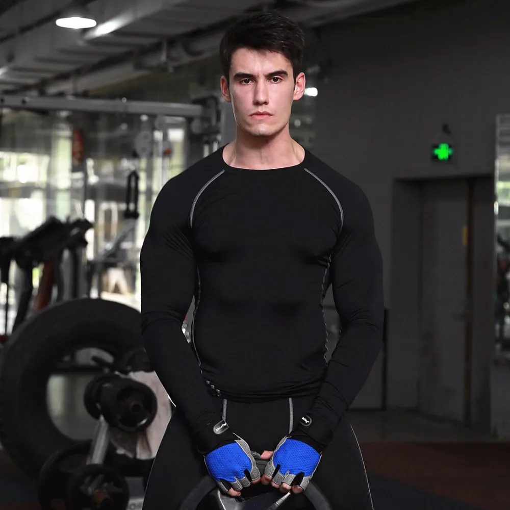 Mens Compression Tight Long Sleeve Shirts Base Layers Skinny T Shirts Male Sport Workout Fitness 9861