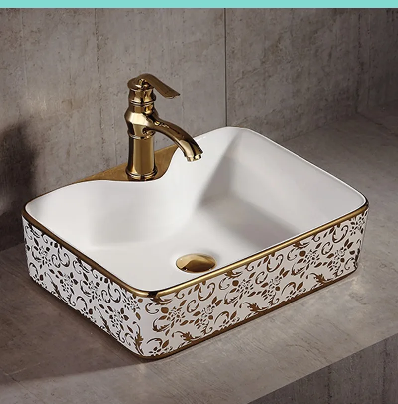Chinese Manufacture luxury golden ceramic rectangular wash basin