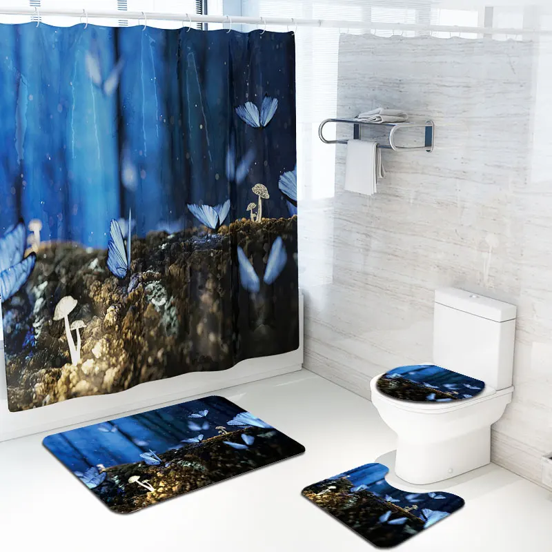 Flower Anti Slip Bathroom Rug 4 Piece Set Custom print Shower curtain