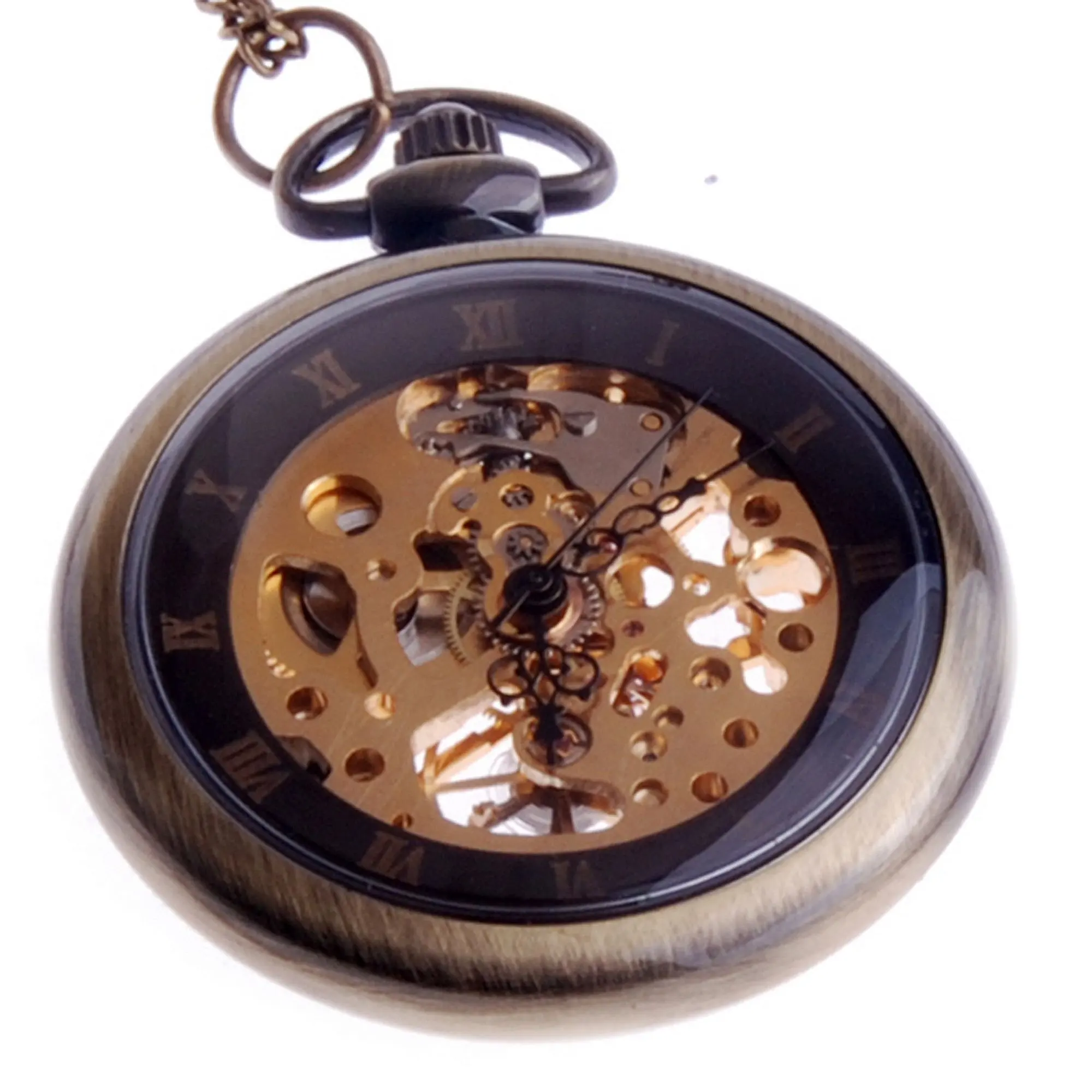ShoppeWatch Hand Wind Mechanical Skeleton Pocket Watch Open Face Steampunk Style With Chain - PW12