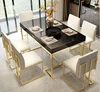 Classic Stainless Steel Frame High Glossy Wood Marble Dining Room Table 6 Chairs Furniture Set