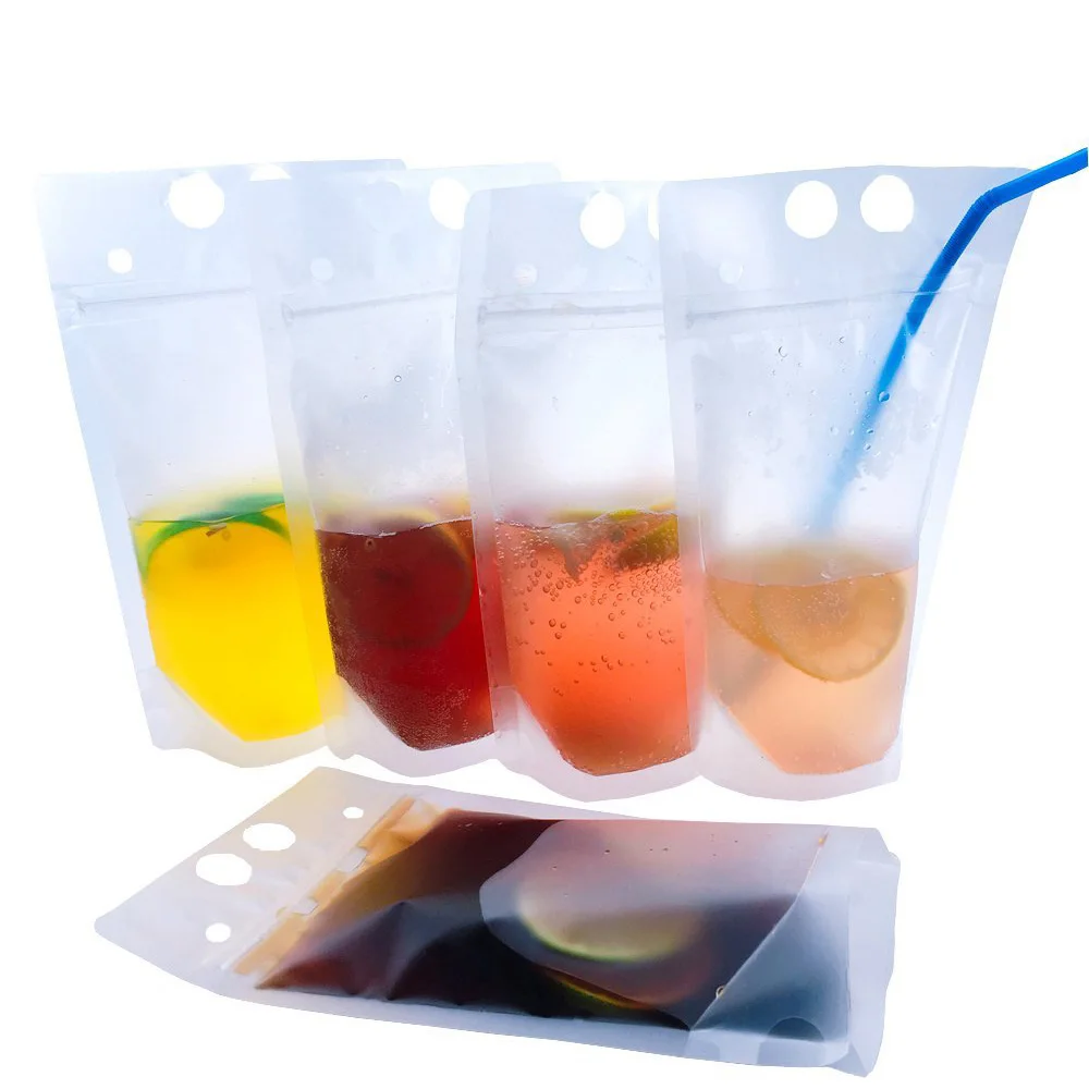 Stand Up Disposable Resealable Ziplock Clear Drink Pouch With Straw For