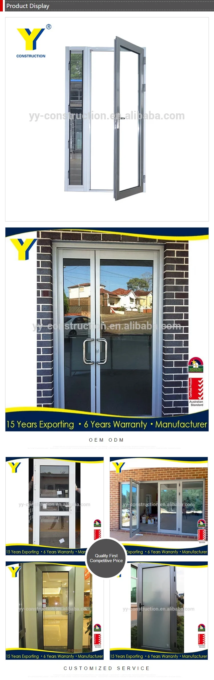 Commercial Aluminum Double Swing Door / Australia As2047 Standard ...