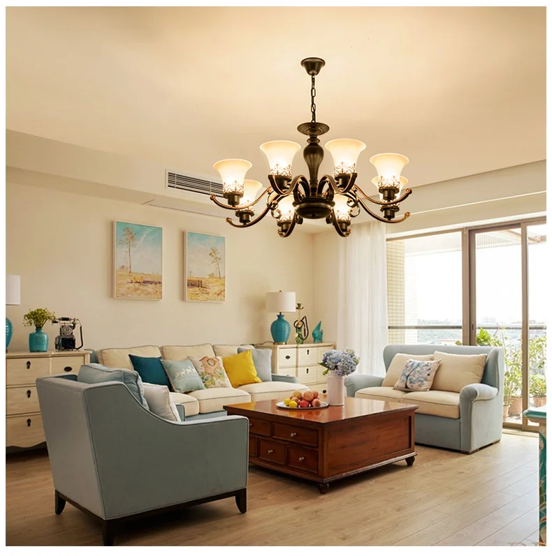 Wholesale 6 8 10 heads modern hotel wrought iron ceiling glass flower crystal pendant chandelier classic