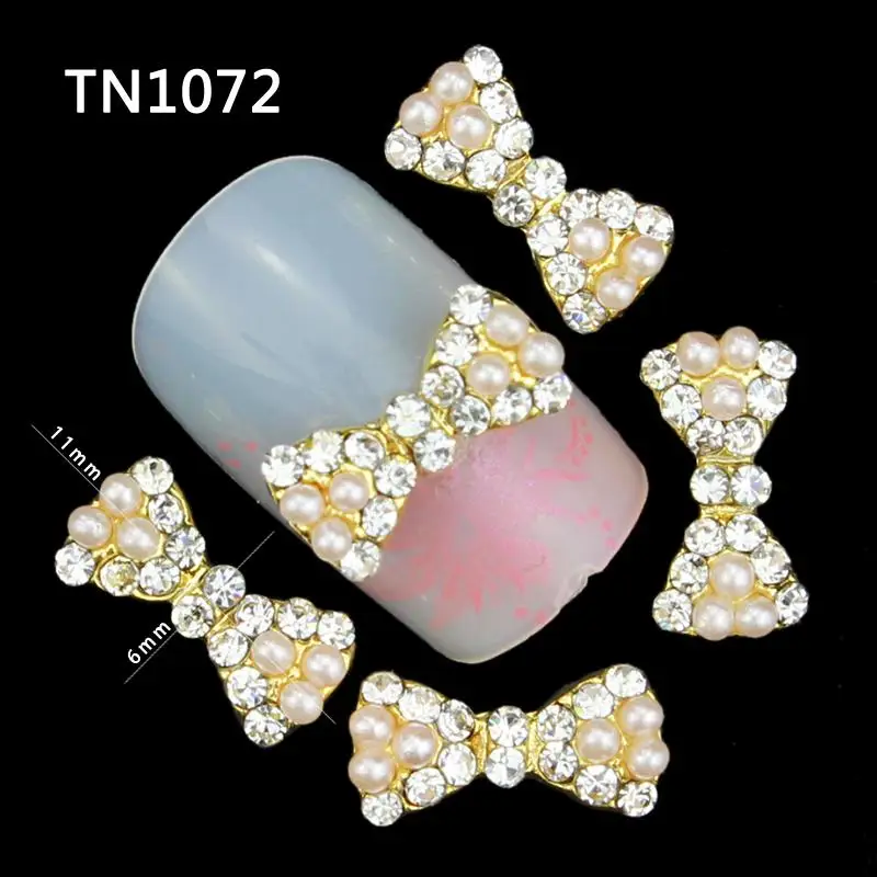 10 Pcs Glitter Gold Bow With Pearl 3D Rhinestones For Nail Art Decorations On Gel Polish