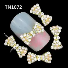 10 Pcs Glitter Gold Bow With Pearl 3D Rhinestones For Nail Art Decorations On Gel Polish
