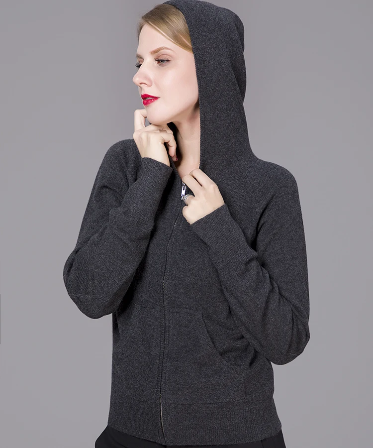 100 Pure Cashmere Women's Grey Hoodie Zipper Cardigan Sweater Buy