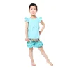 Latest Children Cotton Outfits Solid Light Blue Top&Leaf Print Ruffle Short Girl Baby Boutique Clothes Set