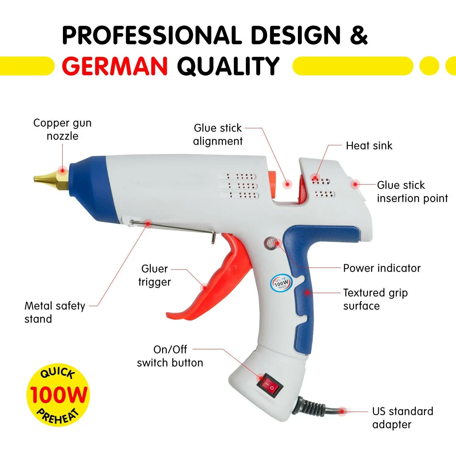 Hot Melt Glue Gun Full Size 100w Professional Kit With Case 12 Glue