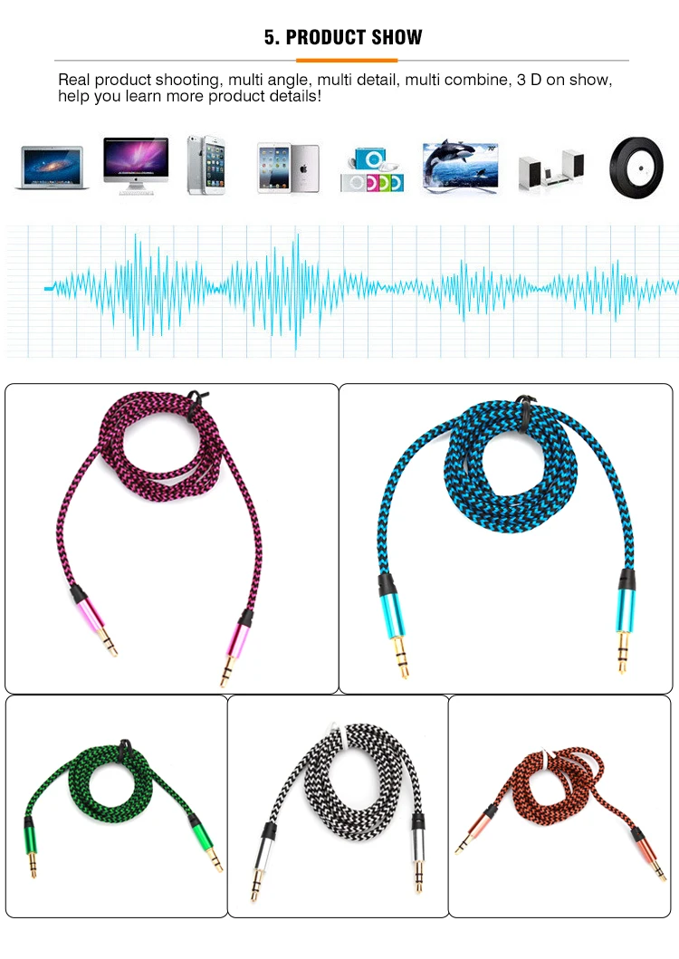 Colorful 3.5mm braided aux audio cable metal gold end 3.5mm male to male aux car record cable