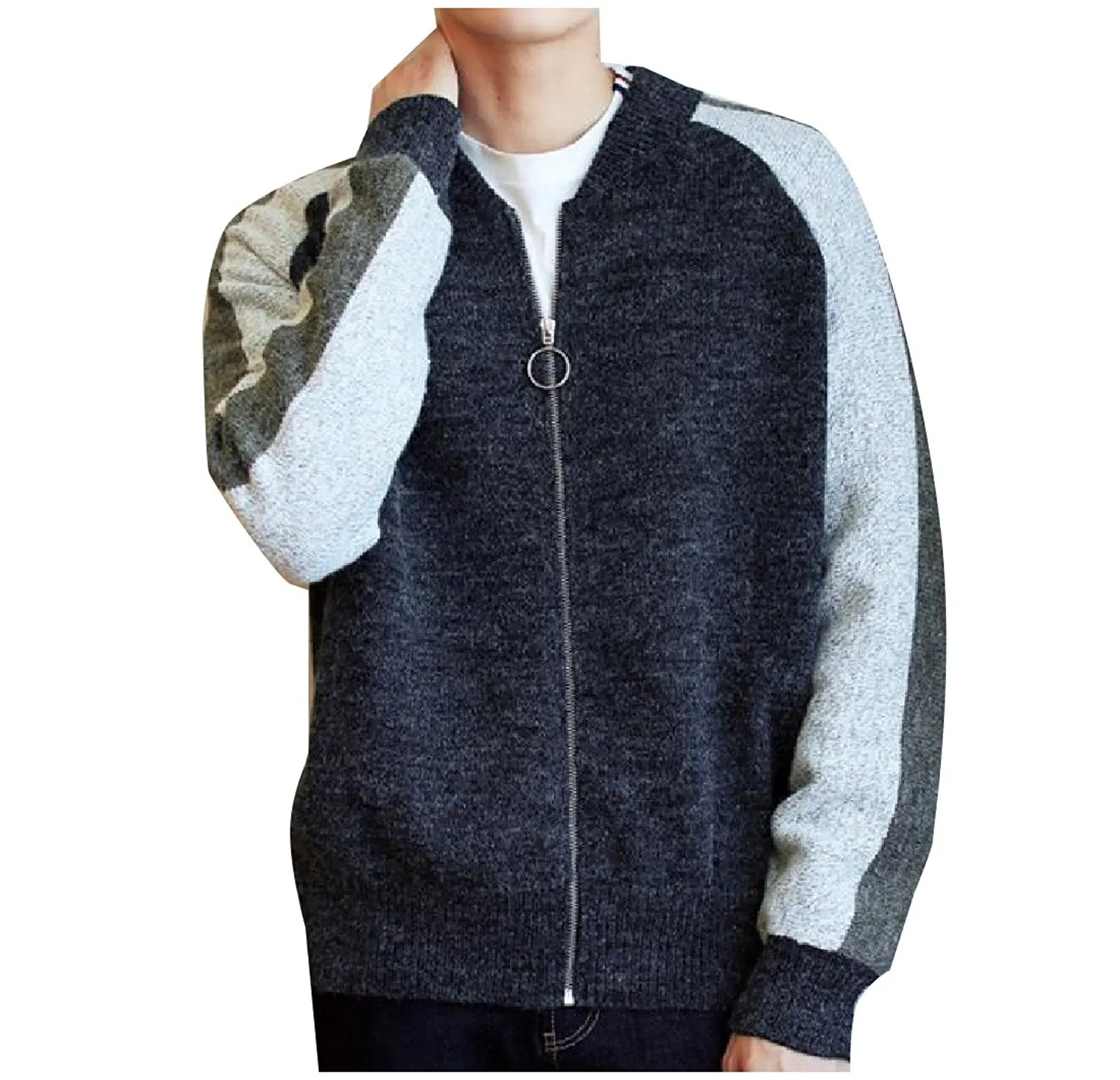 Zimaes-Men Long Sleeved Open Front Color Block Knit Cardigan Top
