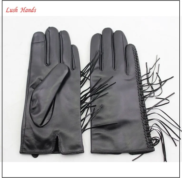 genuine black thin fringed leather gloves with polyester lining