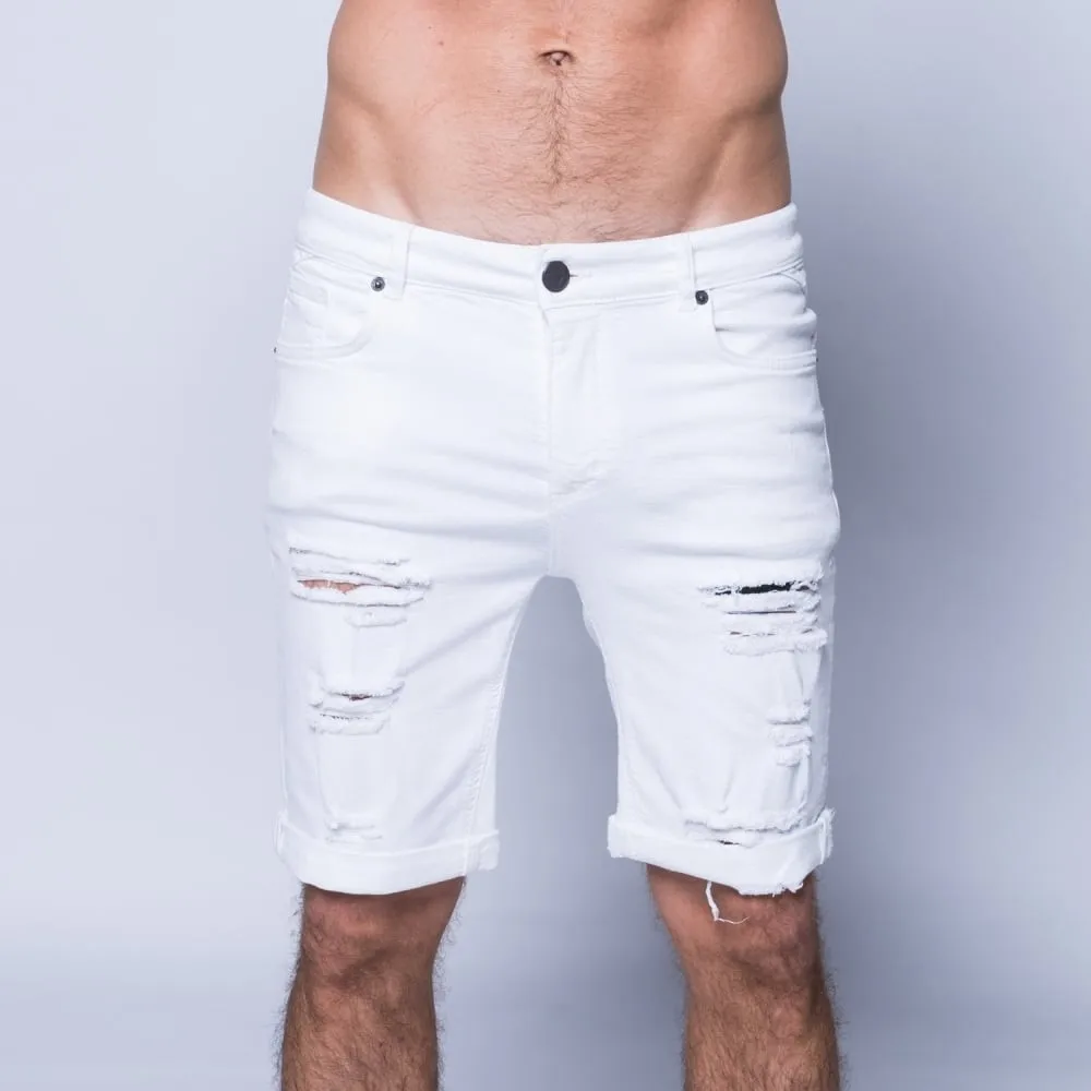 mens white denim shorts ripped