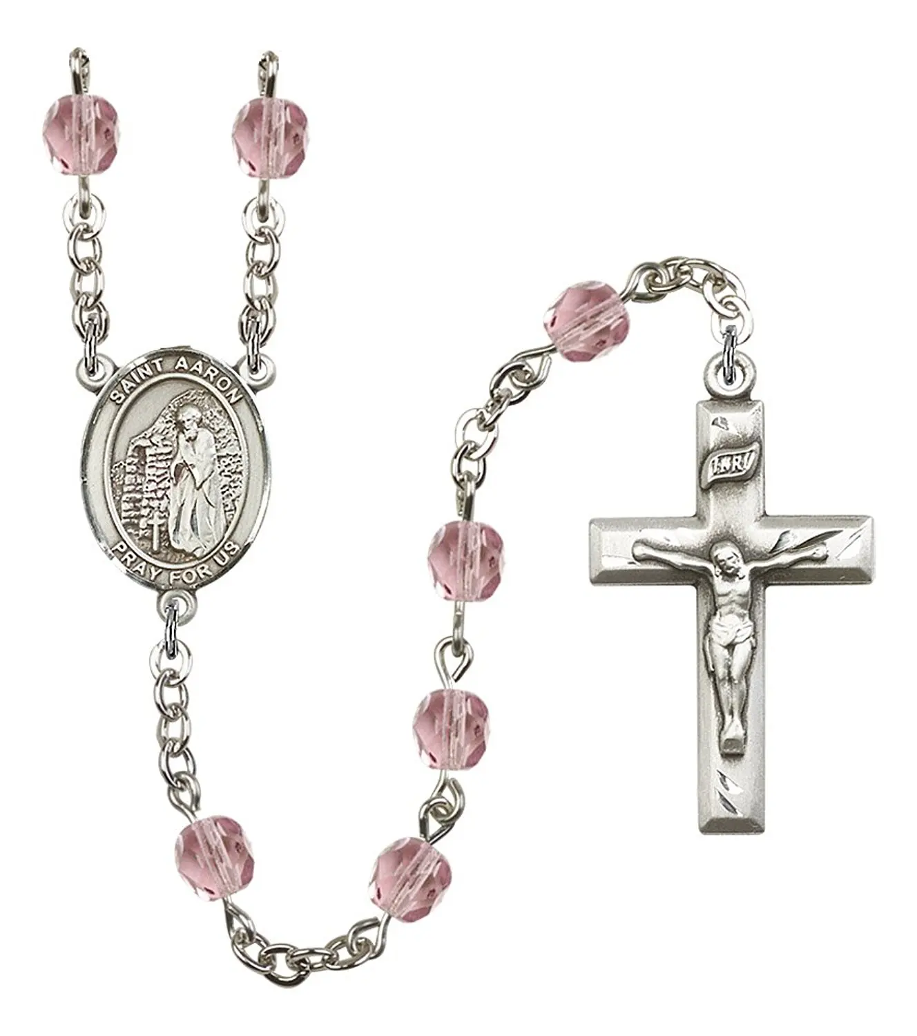 Silver Finish St. Aaron Rosary with 6mm Light Amethyst Color Fire Polished Beads, St. Aaron Center, and 1 3/8 x 3/4 inch Crucifix, Gift Boxed