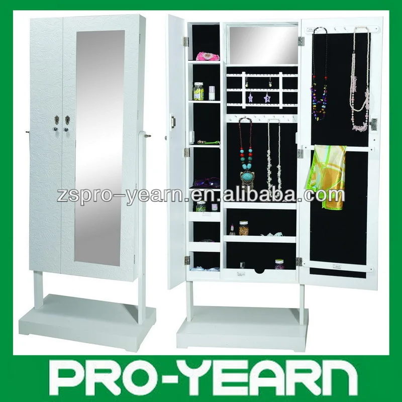 Two Door Wooden Mirrored Jewelry Cabinet With Floor Standing