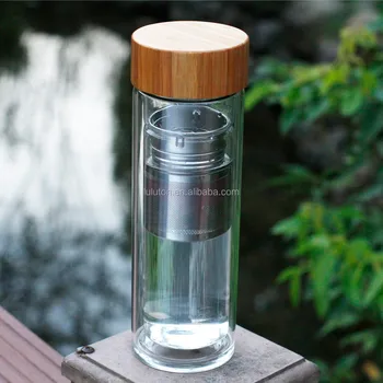 Teh Buah Infuser Air Botol Kaca  Gelas Dengan Tutup Bambu 