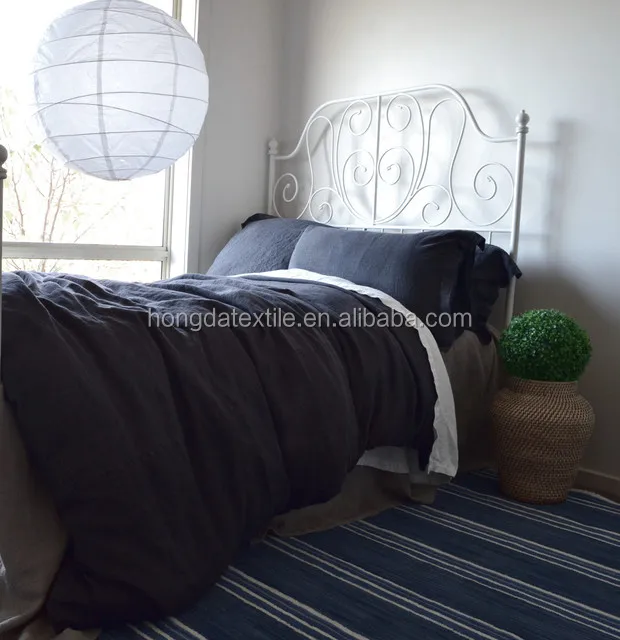 Stone Washed Linen Bed Sheets Belgian Bedding Set In Dark Stone Washed Linen Bed Sheets Belgian Bedding Set In Dark Grey Color