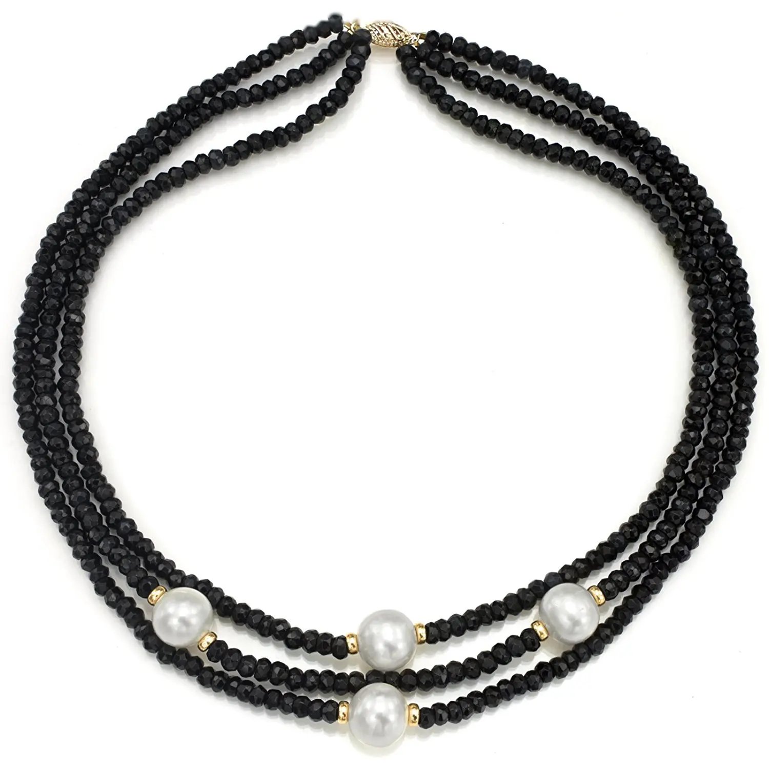 La Regis Jewelry 14k Yellow Gold 12-12.5mm White Freshwater Cultured Pearl 3-4mm Simulated Black Onyx 3-Rows Necklace, 16"