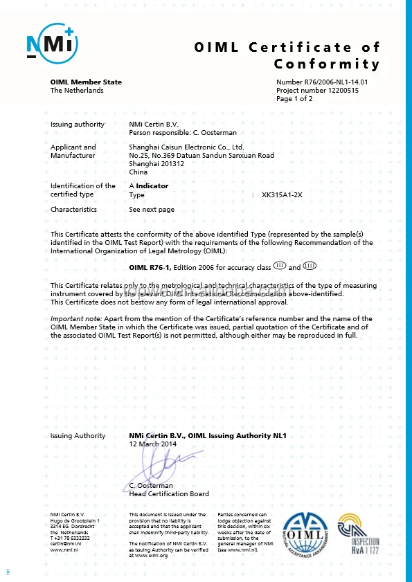 Load cert. OIML R 76-1. OIML R 76-2:2007.