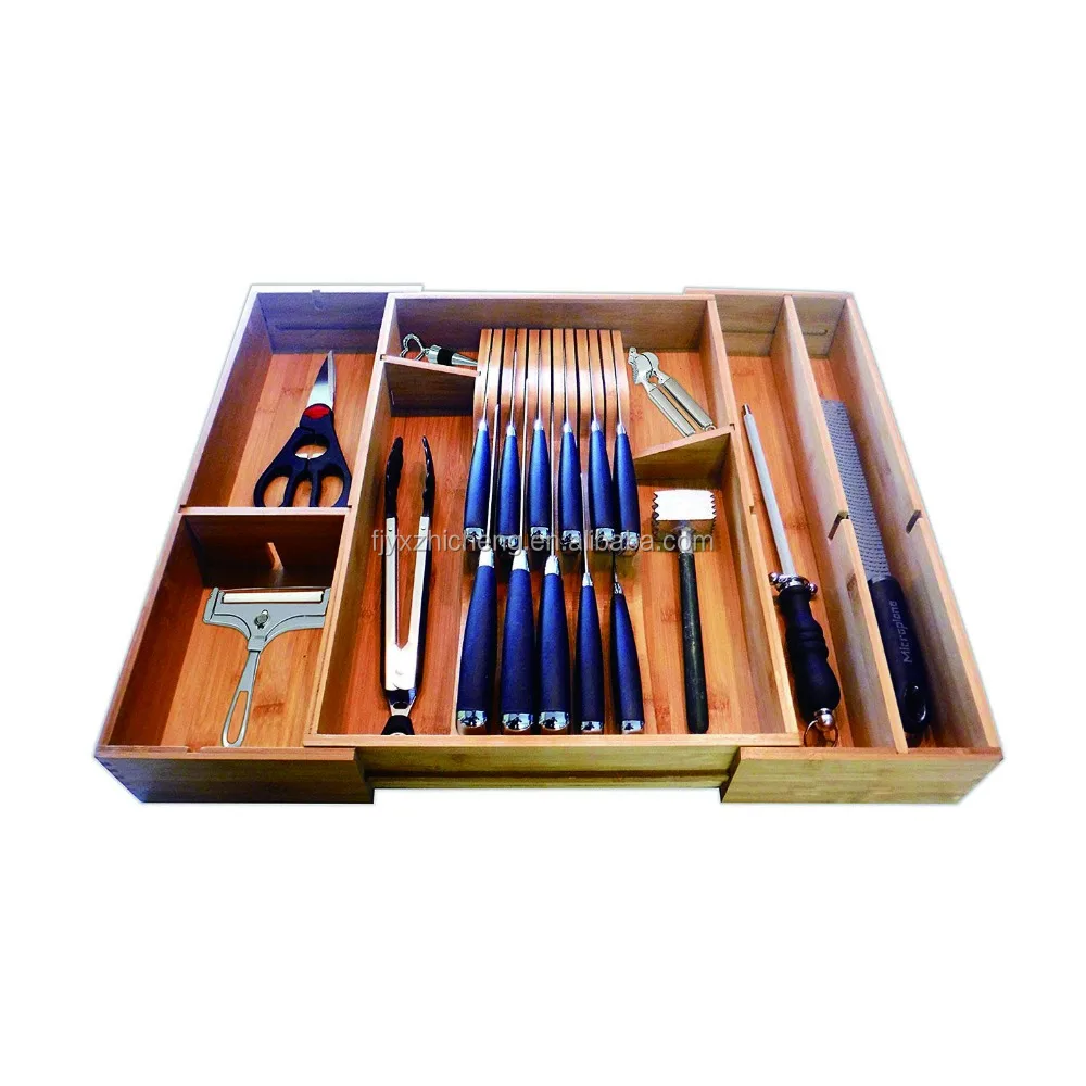 New Upgrade Expandable Bamboo Kitchen Cutlery Tray With Knife