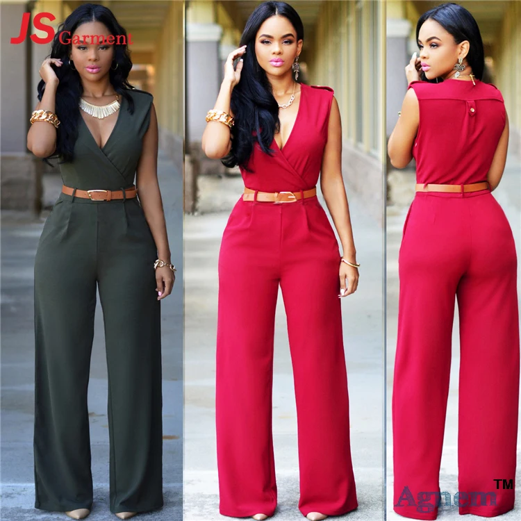 88YD2196 New Arrival Fashion Sexy V-Neck High Waist Sleeveless Ladies Jumpsuit With Belt