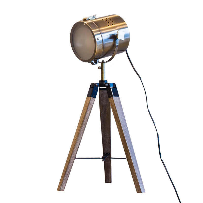 北欧设计复古艺术复古木三脚架台灯手工台灯探照灯铝金属铜灯罩