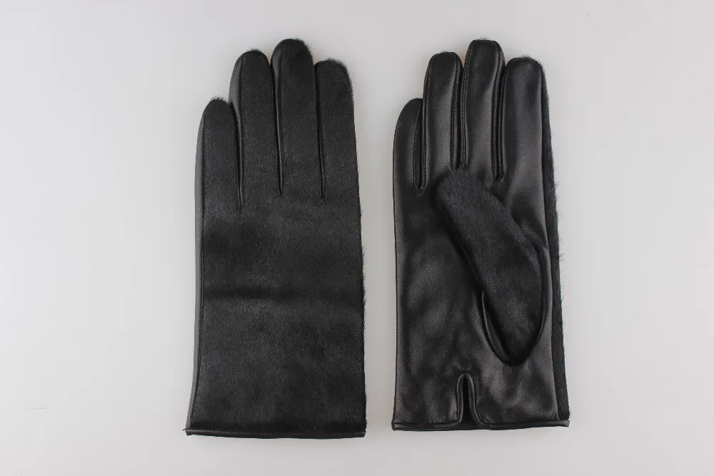 Black pony hair basic leather gloves for women